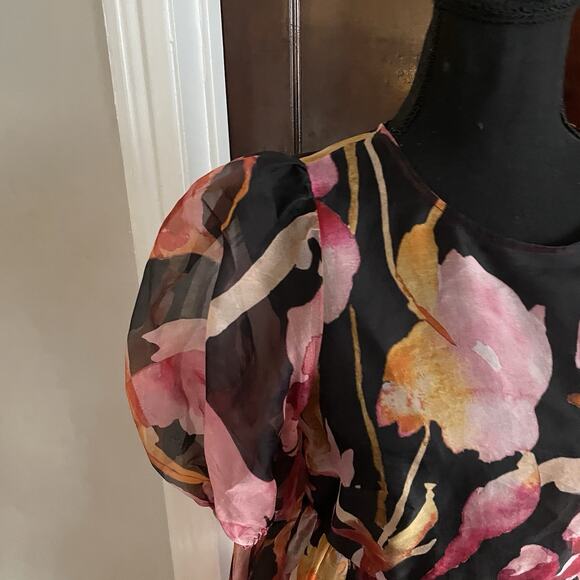 Anthropologie Puff-Sleeve Organza Midi Dress MEDIUM Silk Floral No Under Dress - Picture 5 of 9